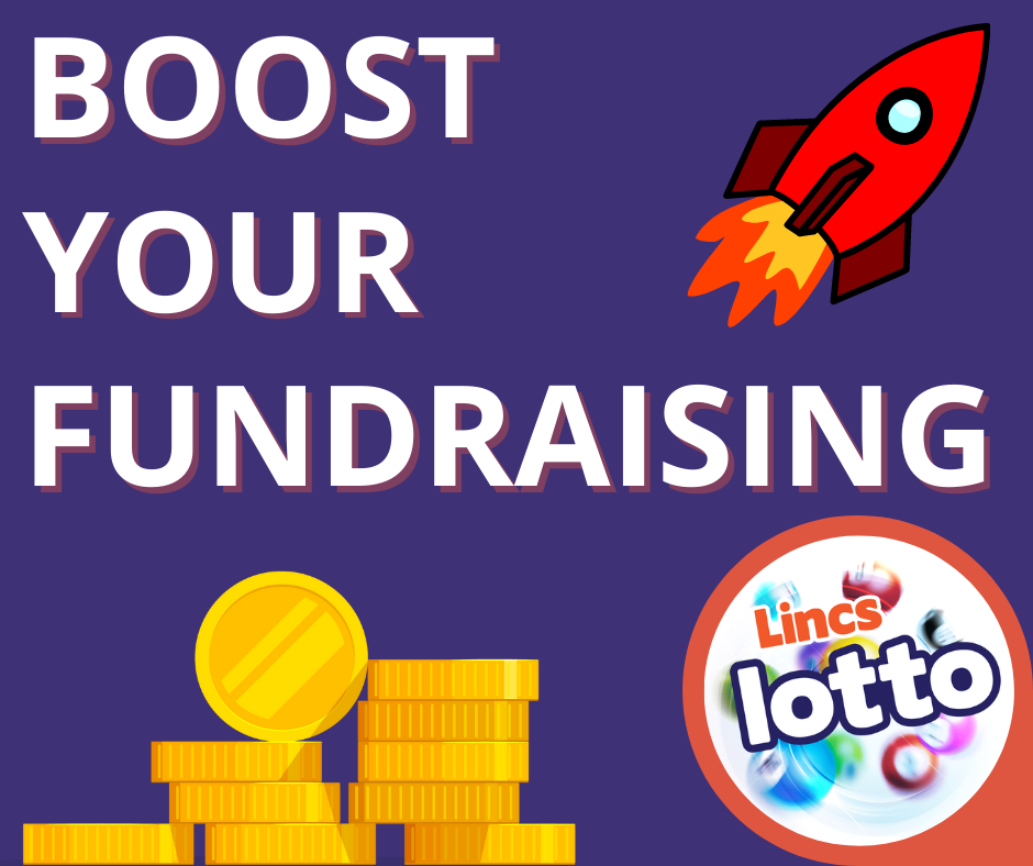 boost your fundraising with a red rocket a pile of coins and the lincs lotto logo